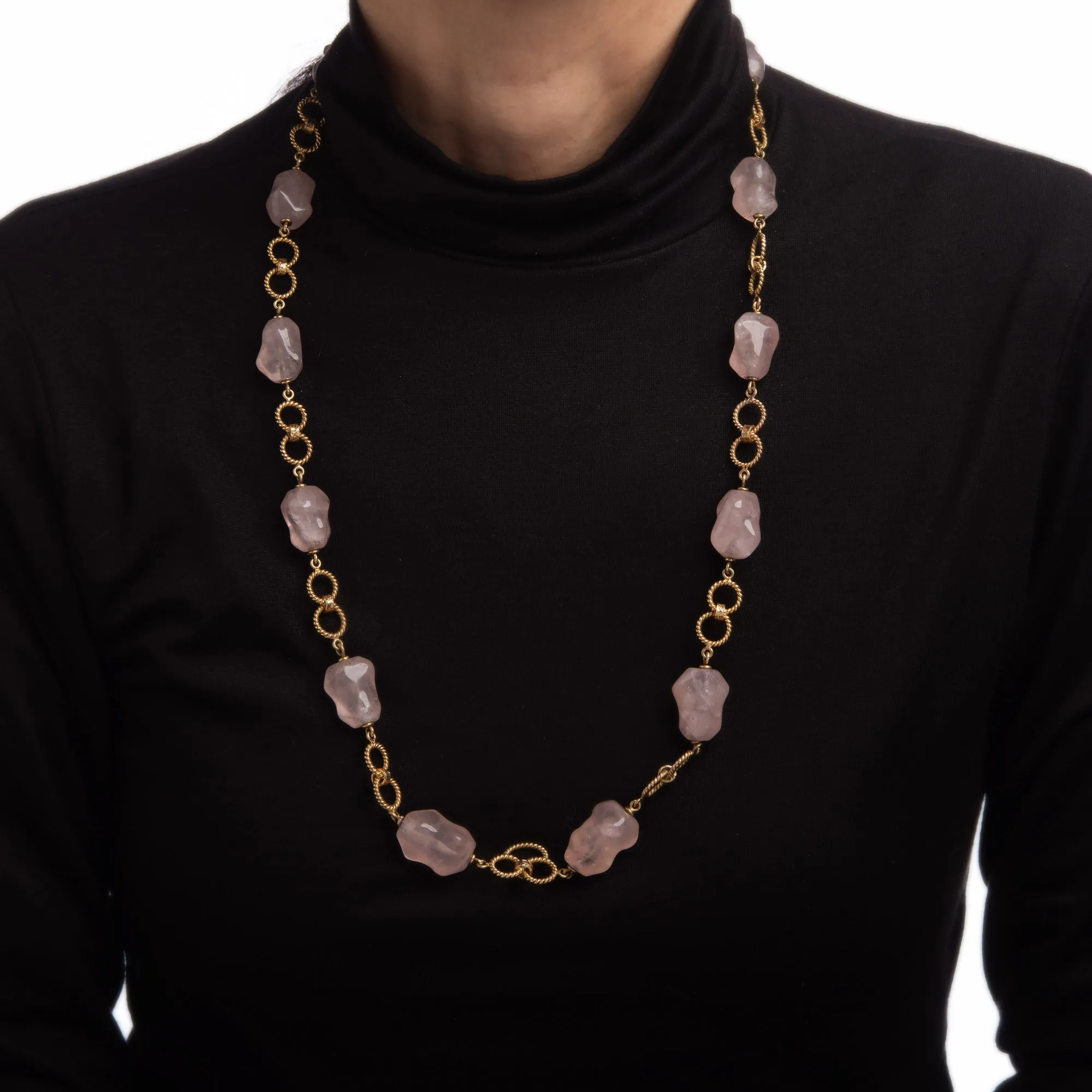 Vintage 70s Rose Quartz Bead Necklace 14k Gold 26.5" Long Strand Round Links