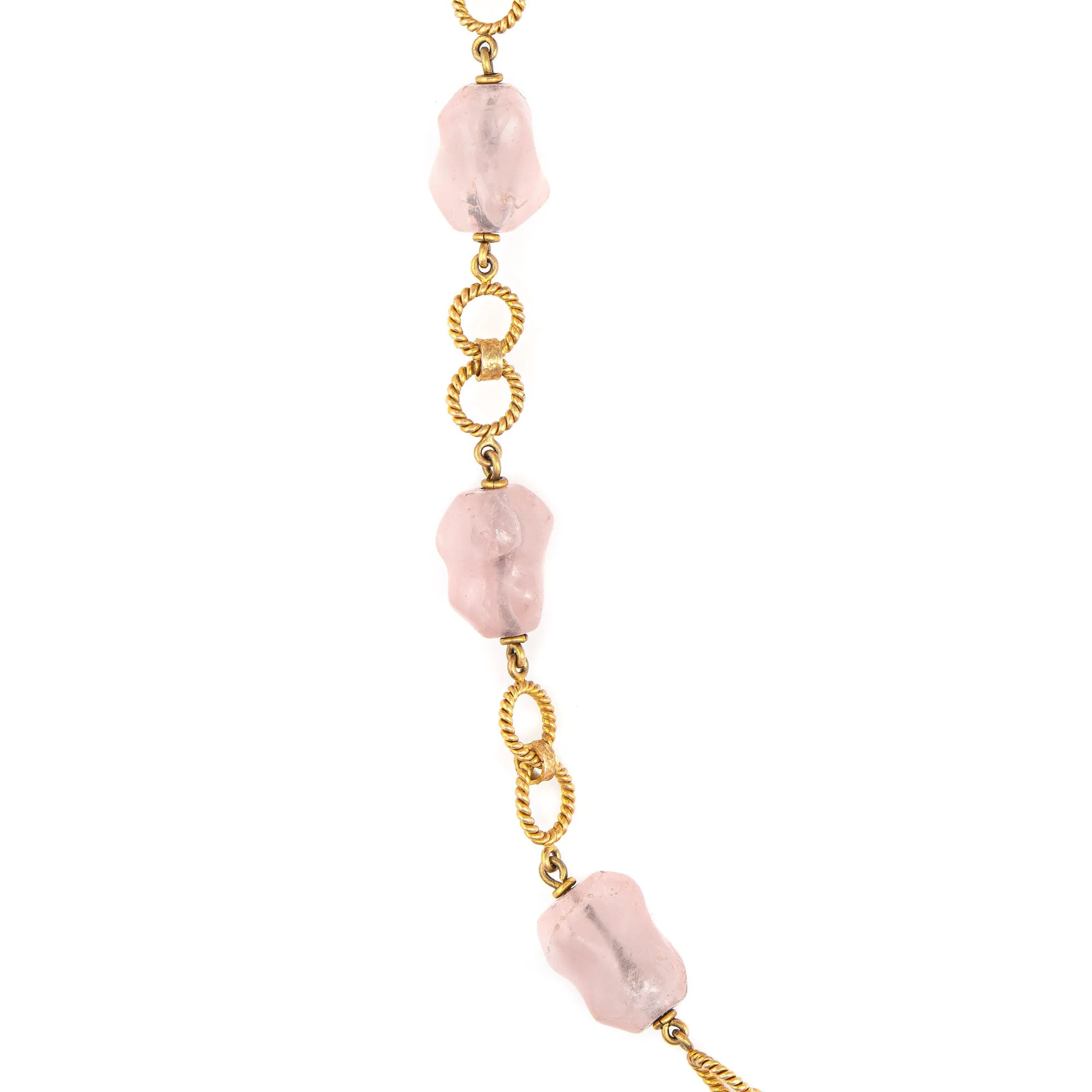 Vintage 70s Rose Quartz Bead Necklace 14k Gold 26.5" Long Strand Round Links