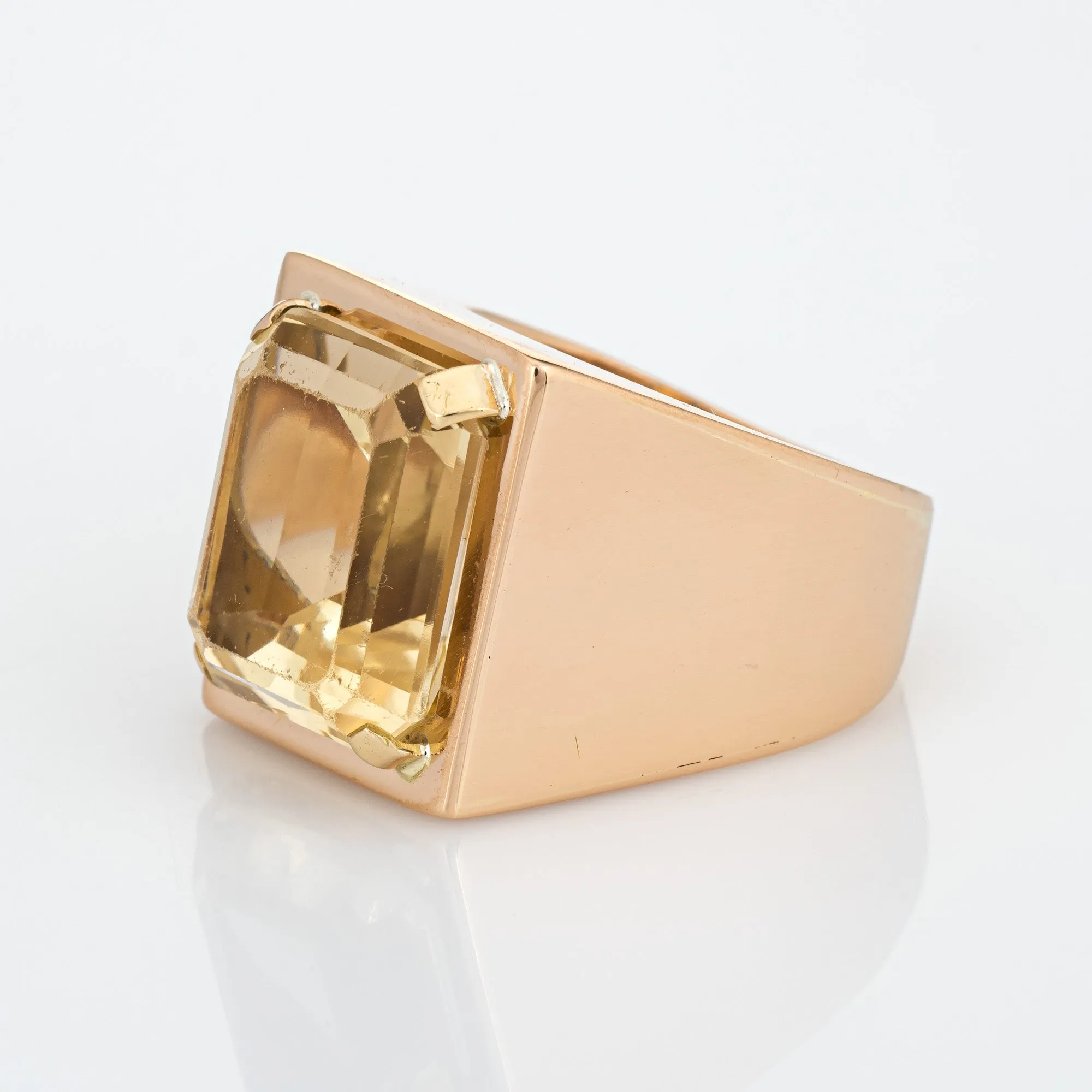 Vintage 70s Yellow Quartz Ring Sz 7.5 Large Square Emerald Cut Men's Jewelry