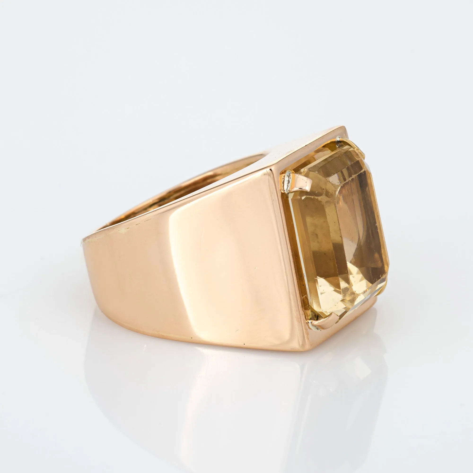 Vintage 70s Yellow Quartz Ring Sz 7.5 Large Square Emerald Cut Men's Jewelry