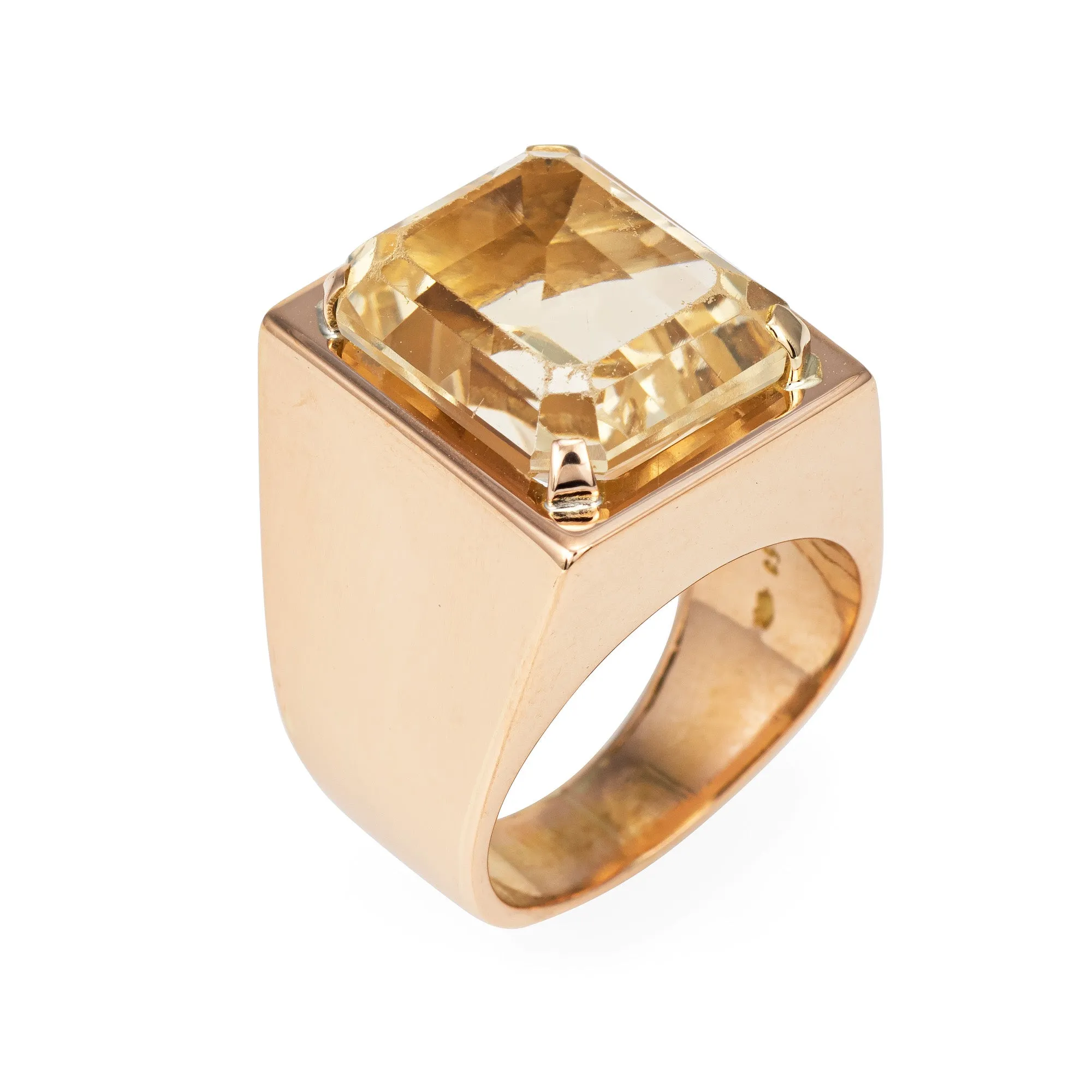 Vintage 70s Yellow Quartz Ring Sz 7.5 Large Square Emerald Cut Men's Jewelry