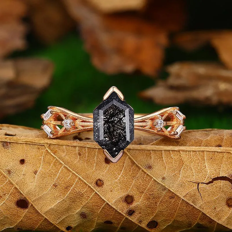 Vintage 925 Silver Art Deco Natural Black Rutilated Quartz  Engagement Ring