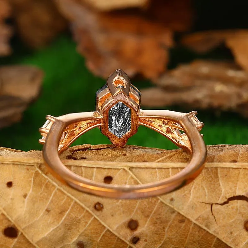 Vintage 925 Silver Art Deco Natural Black Rutilated Quartz  Engagement Ring