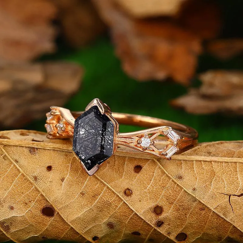 Vintage 925 Silver Art Deco Natural Black Rutilated Quartz  Engagement Ring