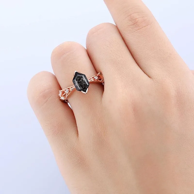 Vintage 925 Silver Art Deco Natural Black Rutilated Quartz  Engagement Ring