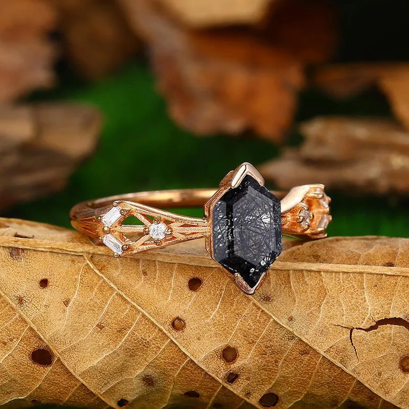 Vintage 925 Silver Art Deco Natural Black Rutilated Quartz  Engagement Ring