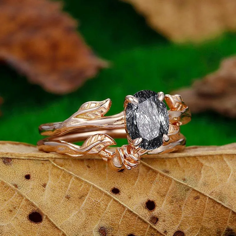 Vintage 925 Silver Natural Black Rutilated Quartz Art Deco Leaf Cluster Ring