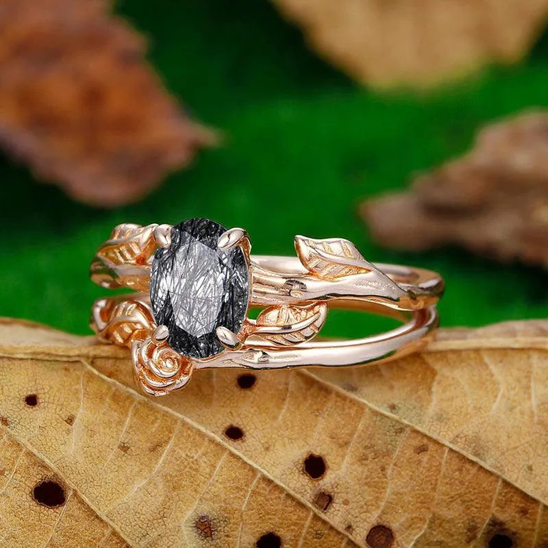 Vintage 925 Silver Natural Black Rutilated Quartz Art Deco Leaf Cluster Ring