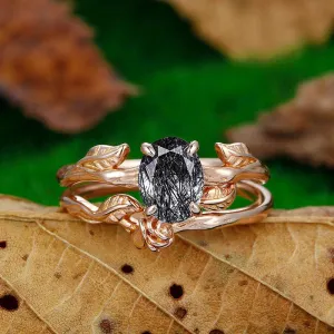 Vintage 925 Silver Natural Black Rutilated Quartz Art Deco Leaf Cluster Ring