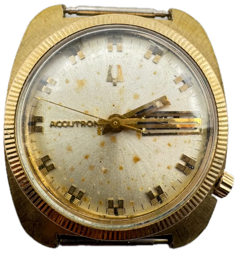 Vintage Accutron Sunburst Day date Men's Tuning Fork Wristwatch 218 Gold Tone