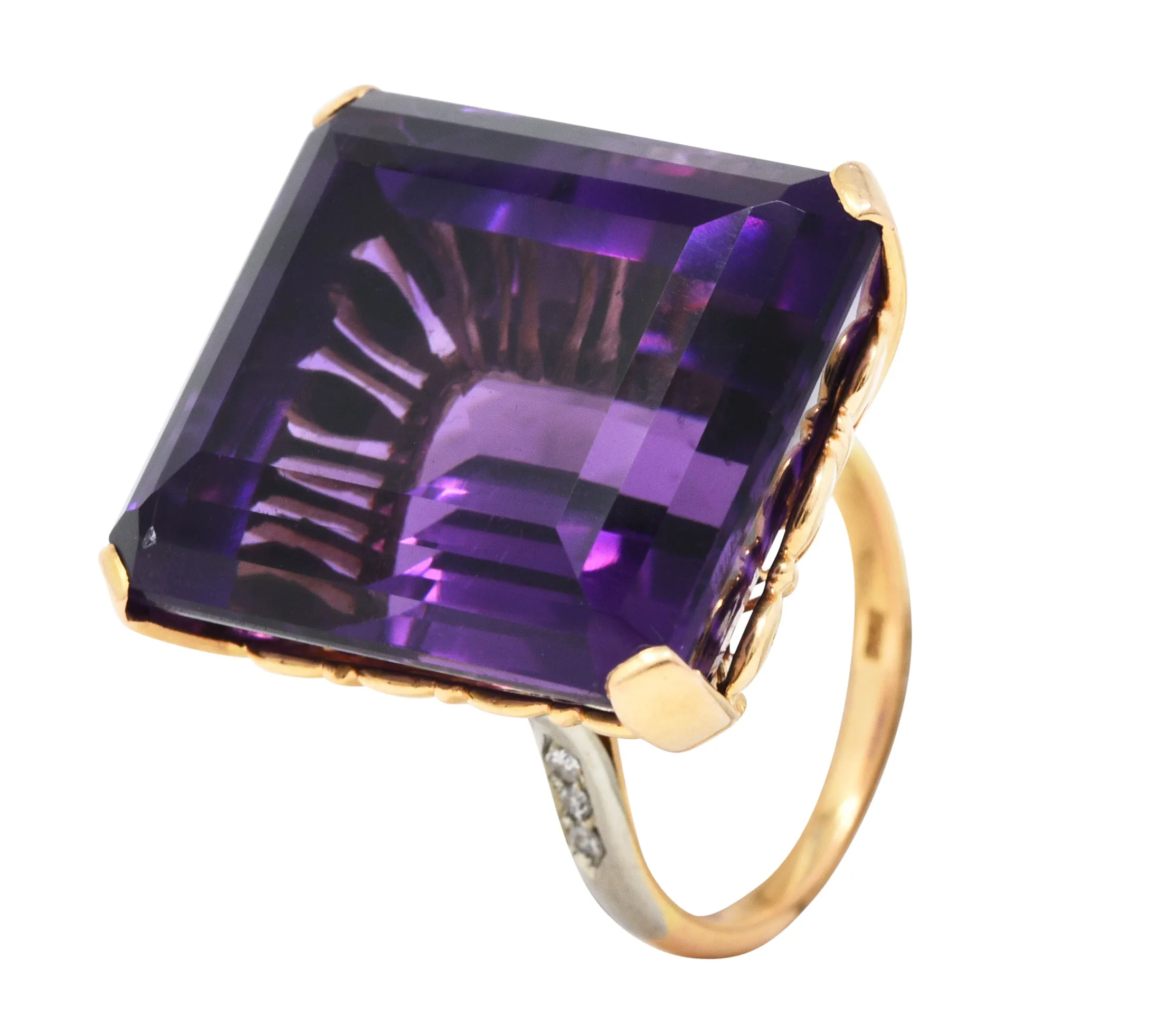 Vintage Amethyst Diamond 18 Karat Two-Tone Gold Statement Ring