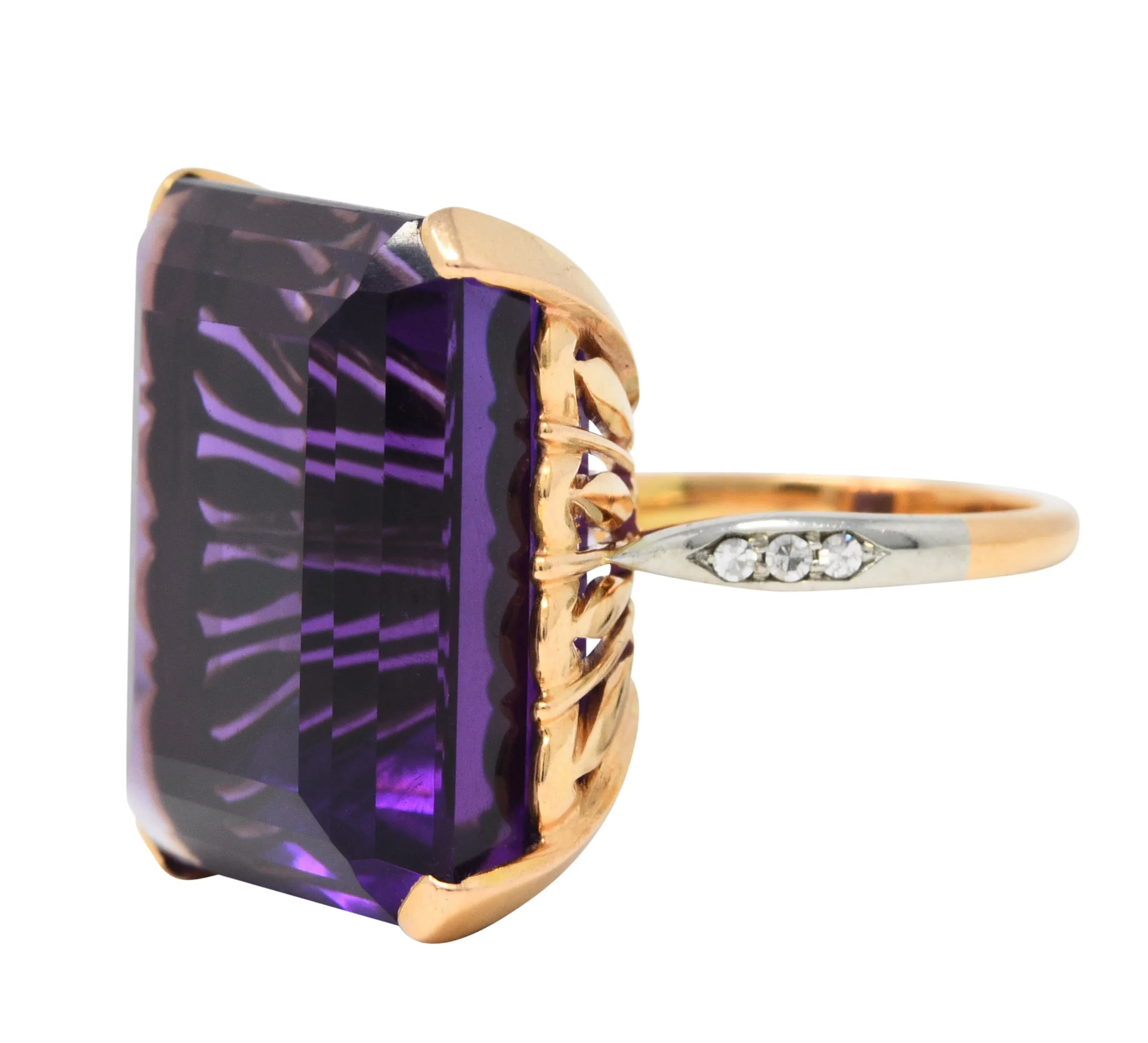 Vintage Amethyst Diamond 18 Karat Two-Tone Gold Statement Ring