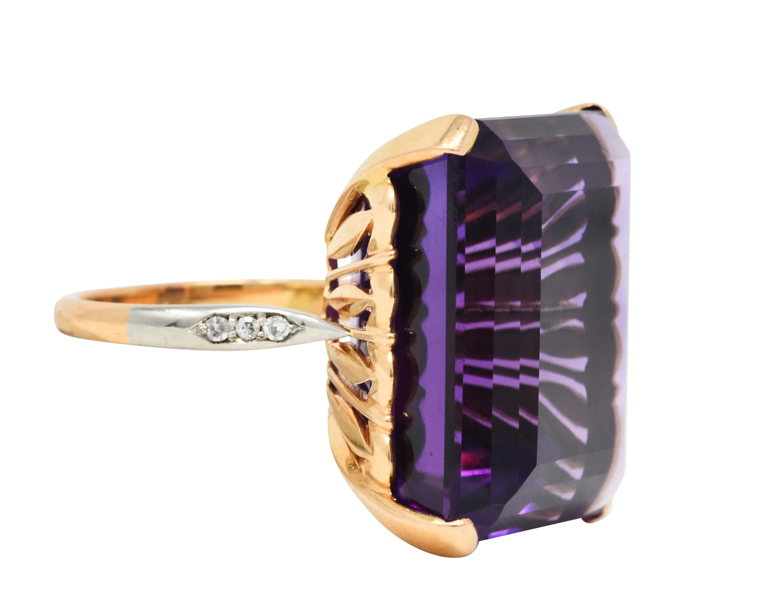 Vintage Amethyst Diamond 18 Karat Two-Tone Gold Statement Ring