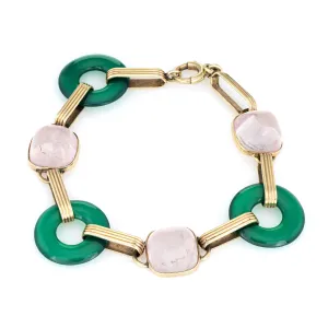 Vintage Art Deco 14k Gold Chrysoprase Rose Quartz Round Link Bracelet Vintage
