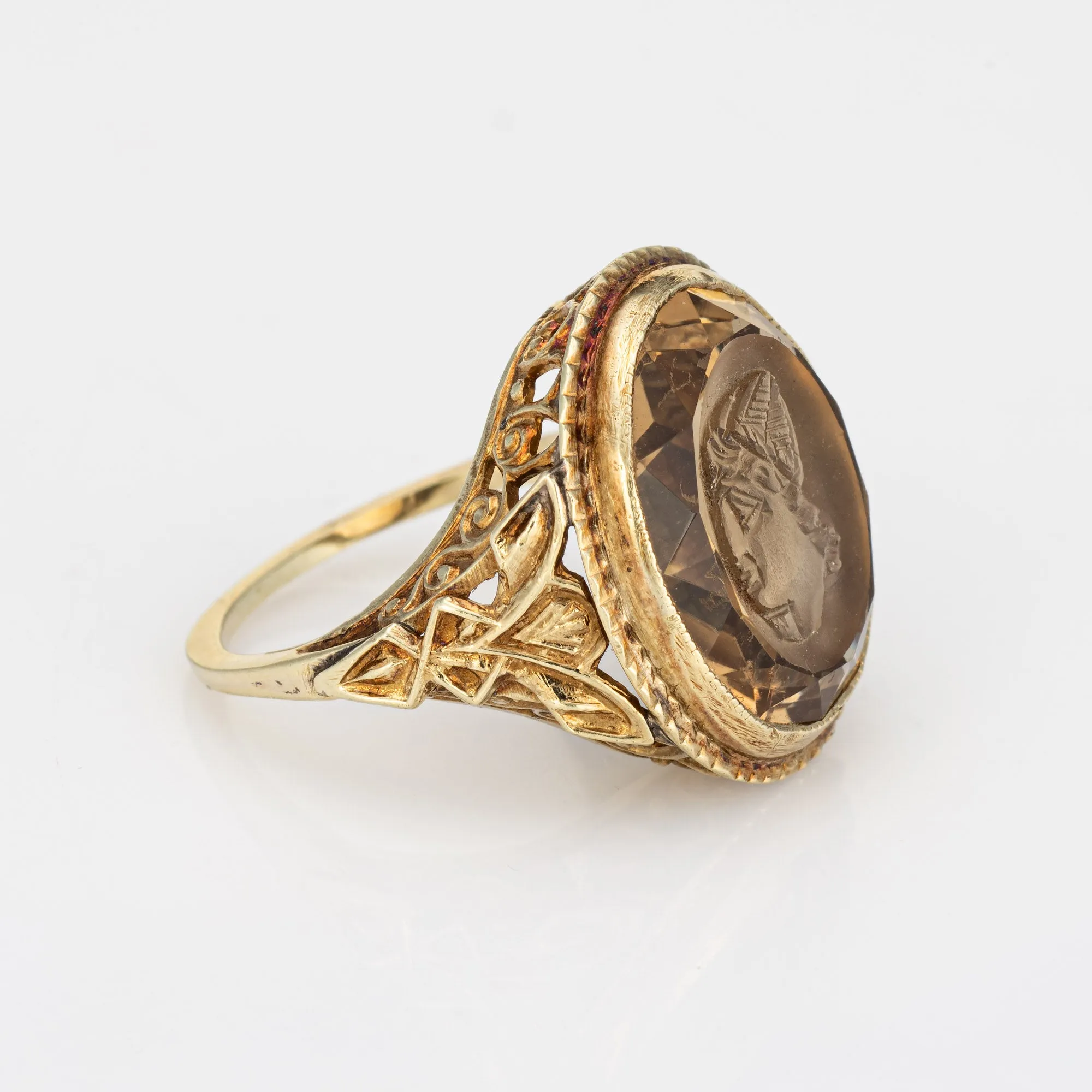 Vintage Art Deco Intaglio Ring Smoky Quartz Bust 14k Yellow Gold Oval Jewelry