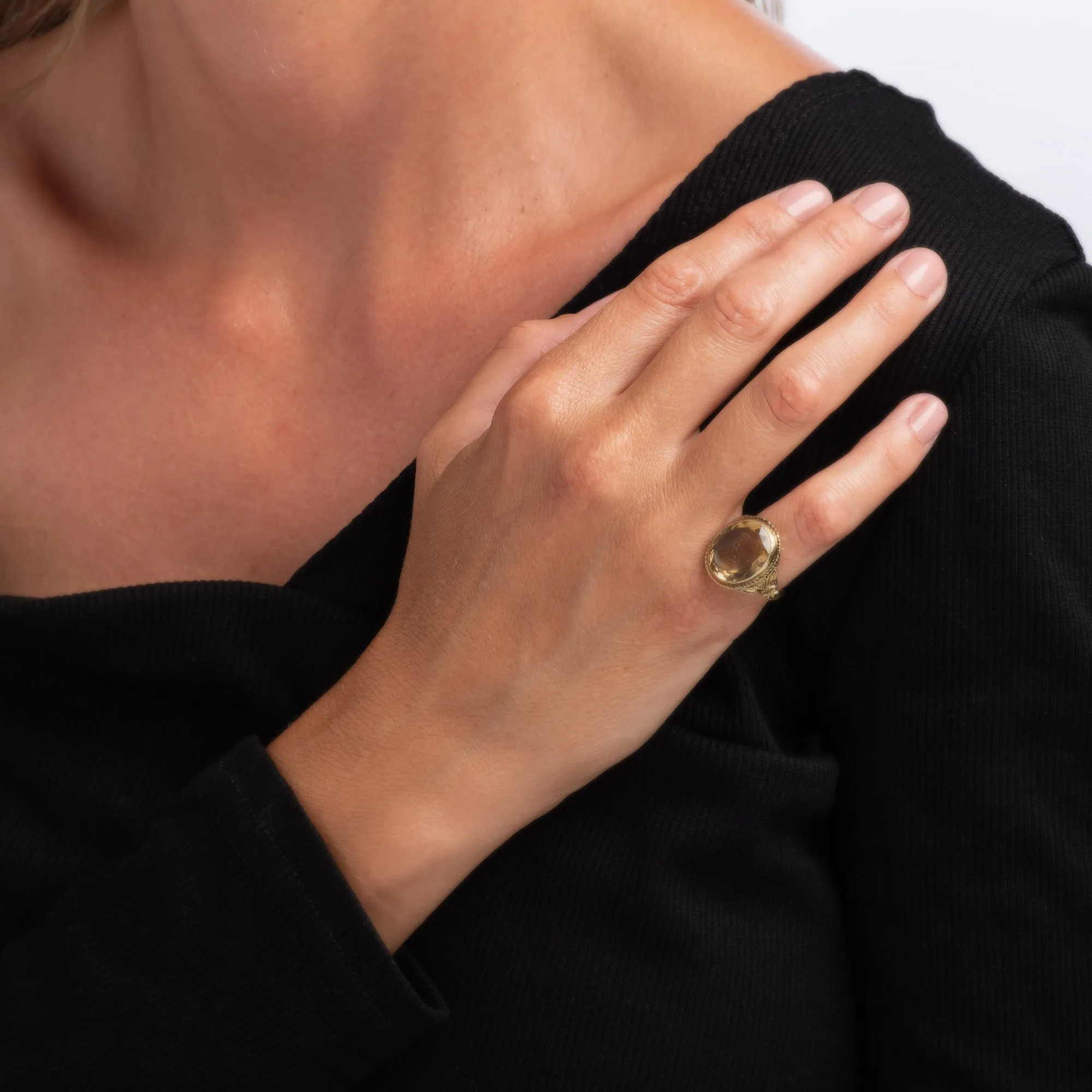 Vintage Art Deco Intaglio Ring Smoky Quartz Bust 14k Yellow Gold Oval Jewelry