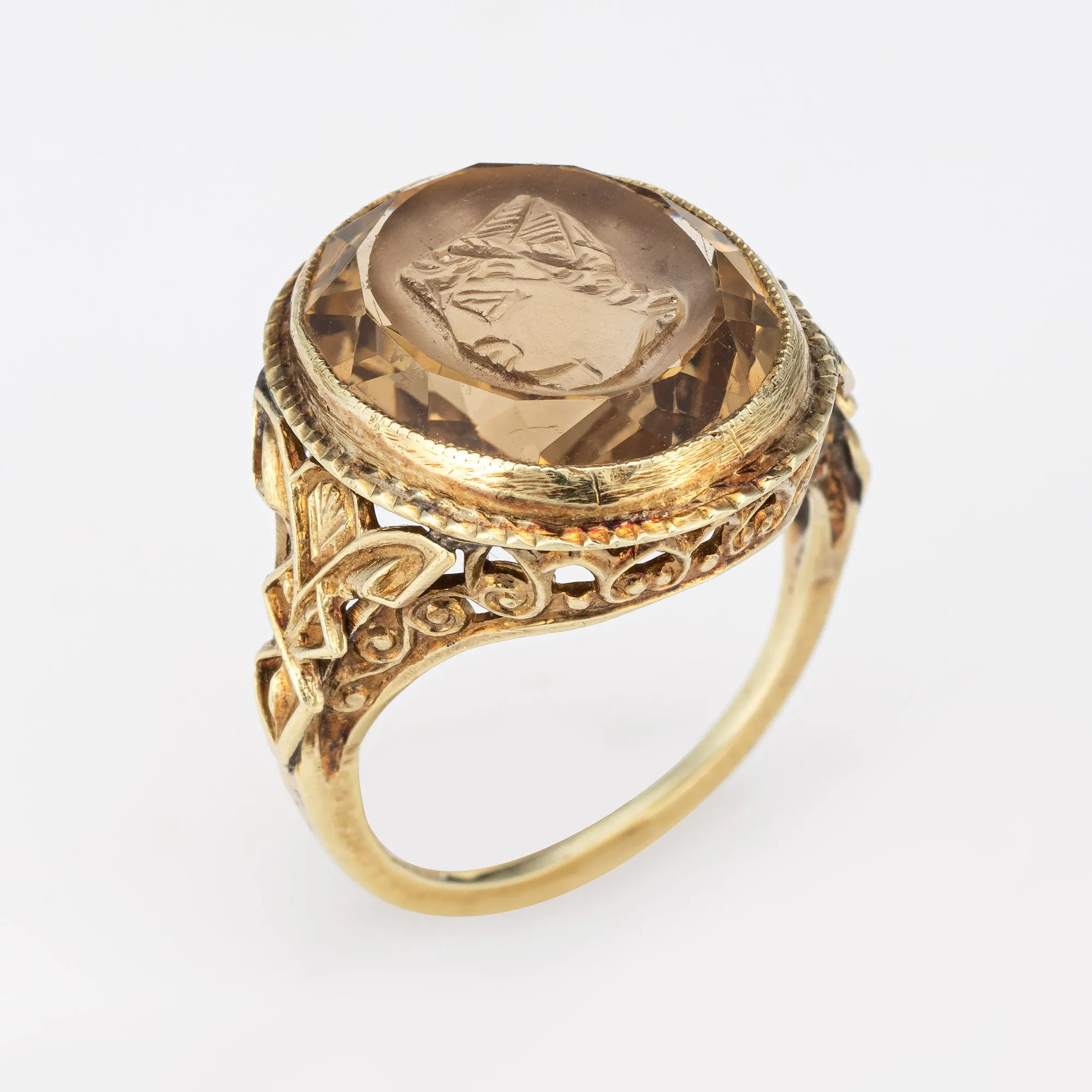 Vintage Art Deco Intaglio Ring Smoky Quartz Bust 14k Yellow Gold Oval Jewelry