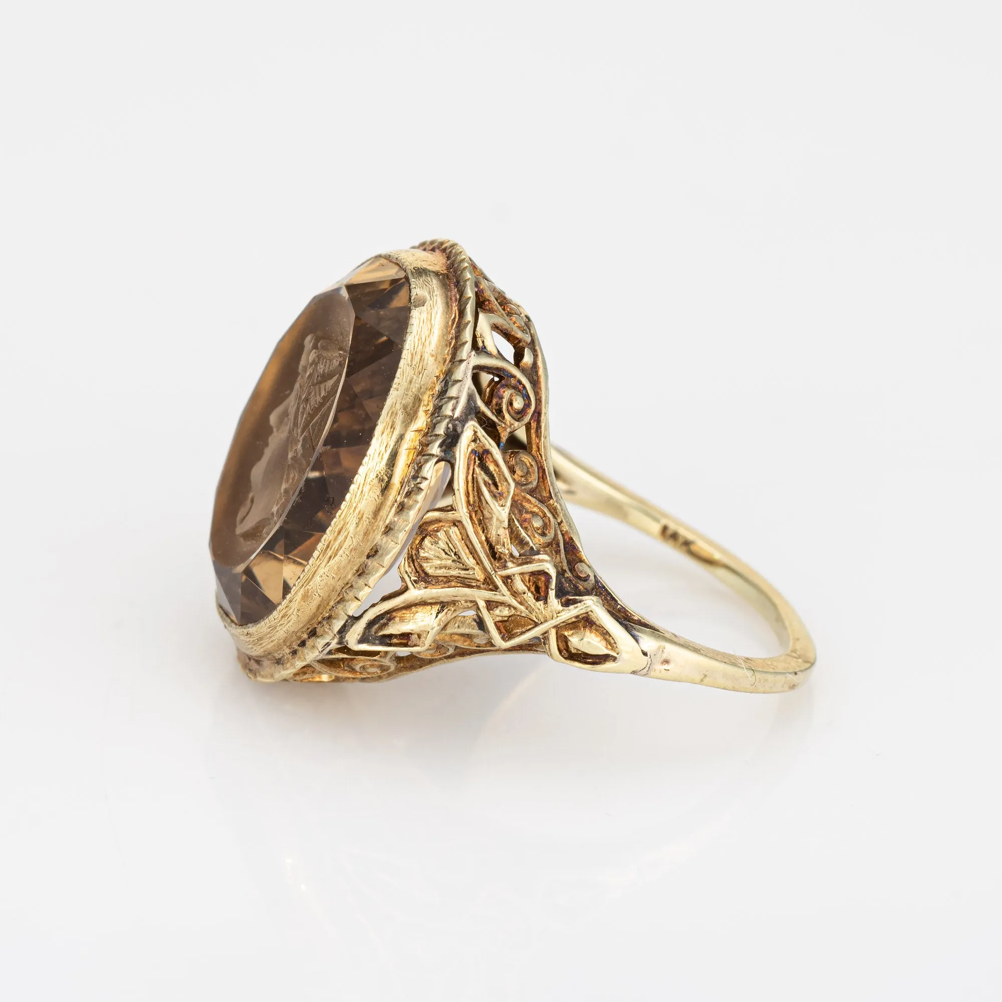 Vintage Art Deco Intaglio Ring Smoky Quartz Bust 14k Yellow Gold Oval Jewelry