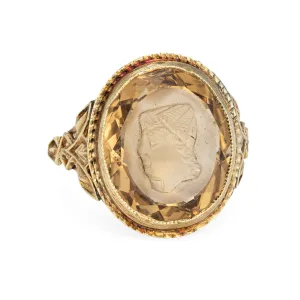 Vintage Art Deco Intaglio Ring Smoky Quartz Bust 14k Yellow Gold Oval Jewelry