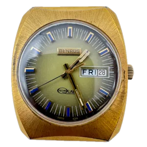 Vintage Benrus 3500 439 Techni Quartz Day Date Men's Quartz Wristwatch Gold Tone