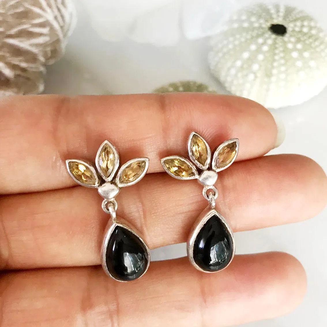Vintage Black Onyx & Citrine Quartz Earrings