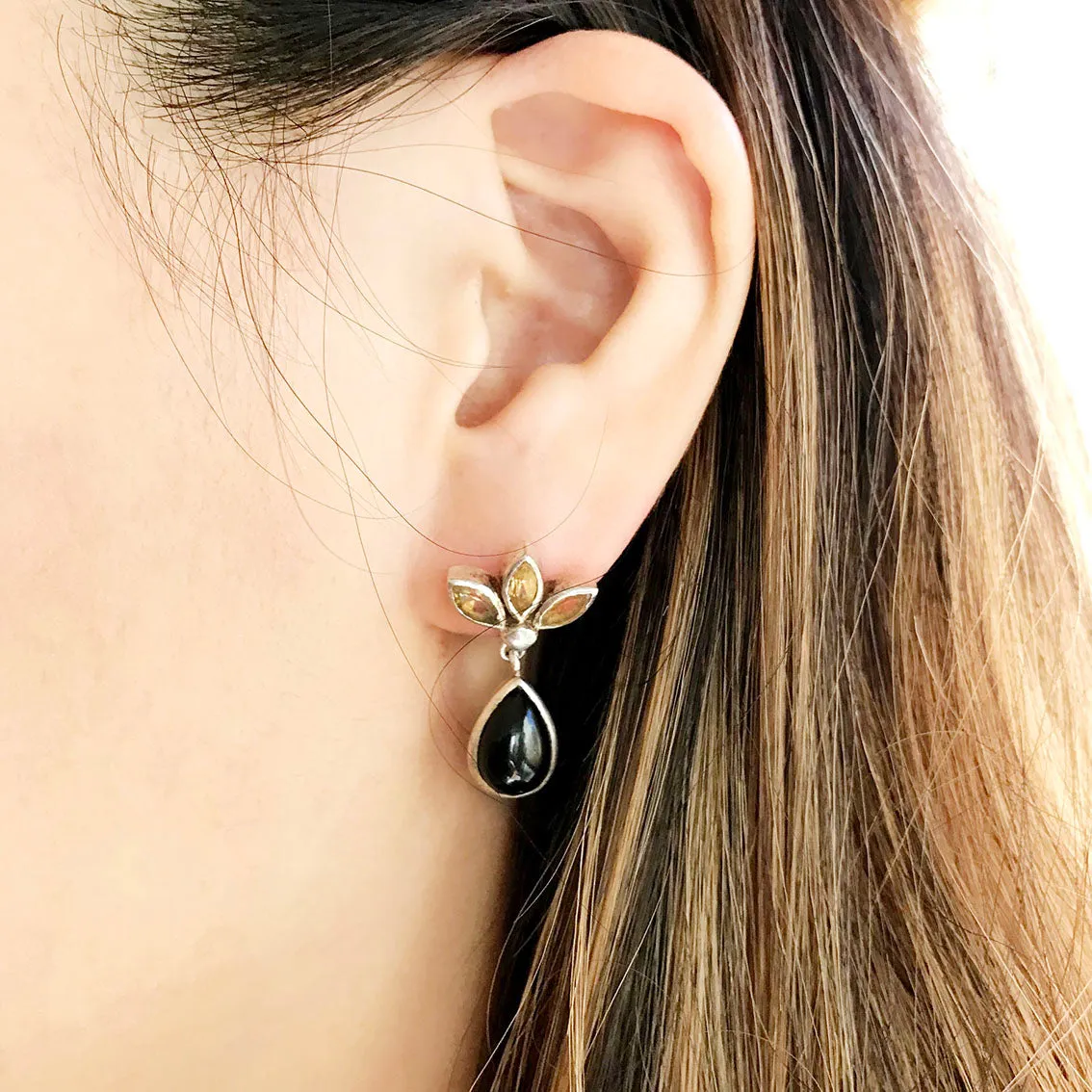 Vintage Black Onyx & Citrine Quartz Earrings