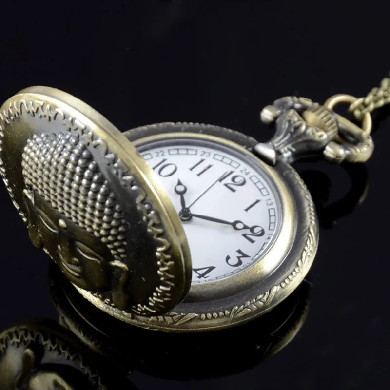 Vintage Bronze Buddha Pocket Watch Necklace