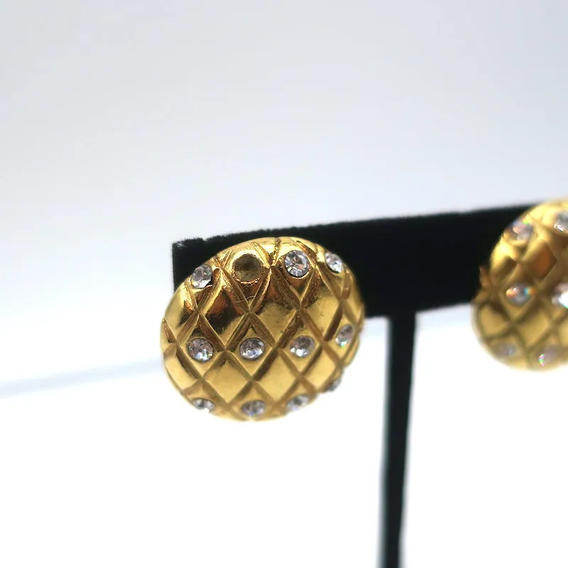 Vintage Chanel 1970s Crystal Quilted Clip-On Earrings Gold