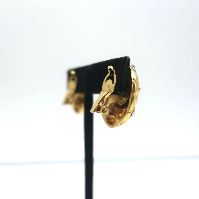 Vintage Chanel 1970s Crystal Quilted Clip-On Earrings Gold