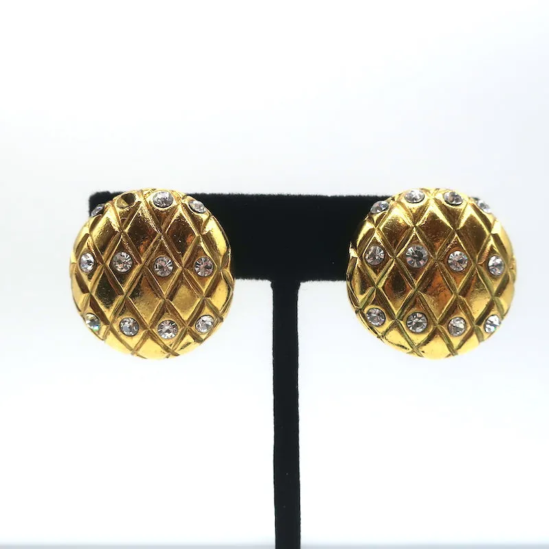Vintage Chanel 1970s Crystal Quilted Clip-On Earrings Gold