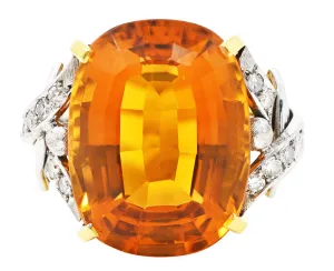 Vintage Citrine Diamond 18 Karat Yellow Gold Platinum Gemstone Ring