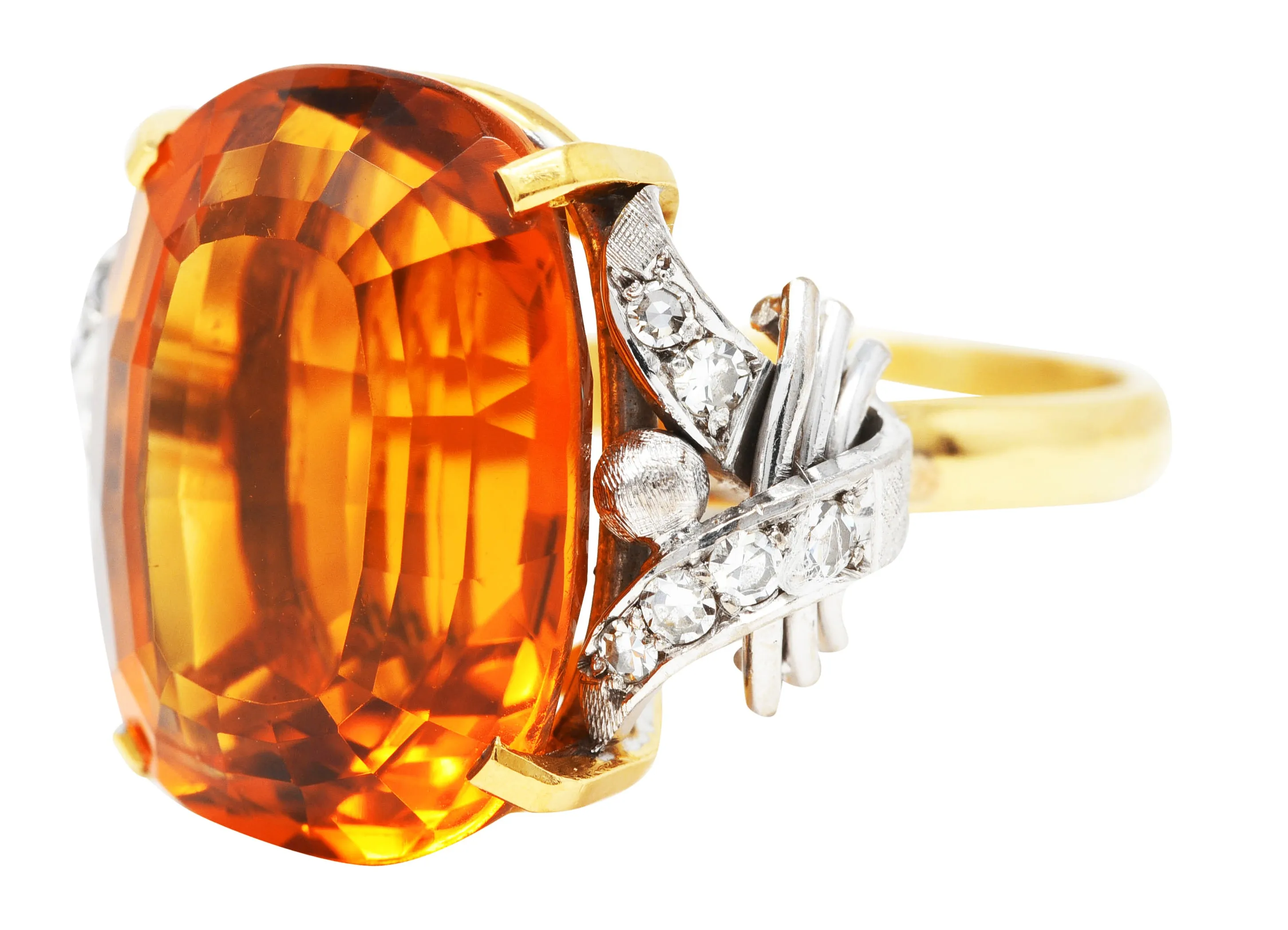 Vintage Citrine Diamond 18 Karat Yellow Gold Platinum Gemstone Ring