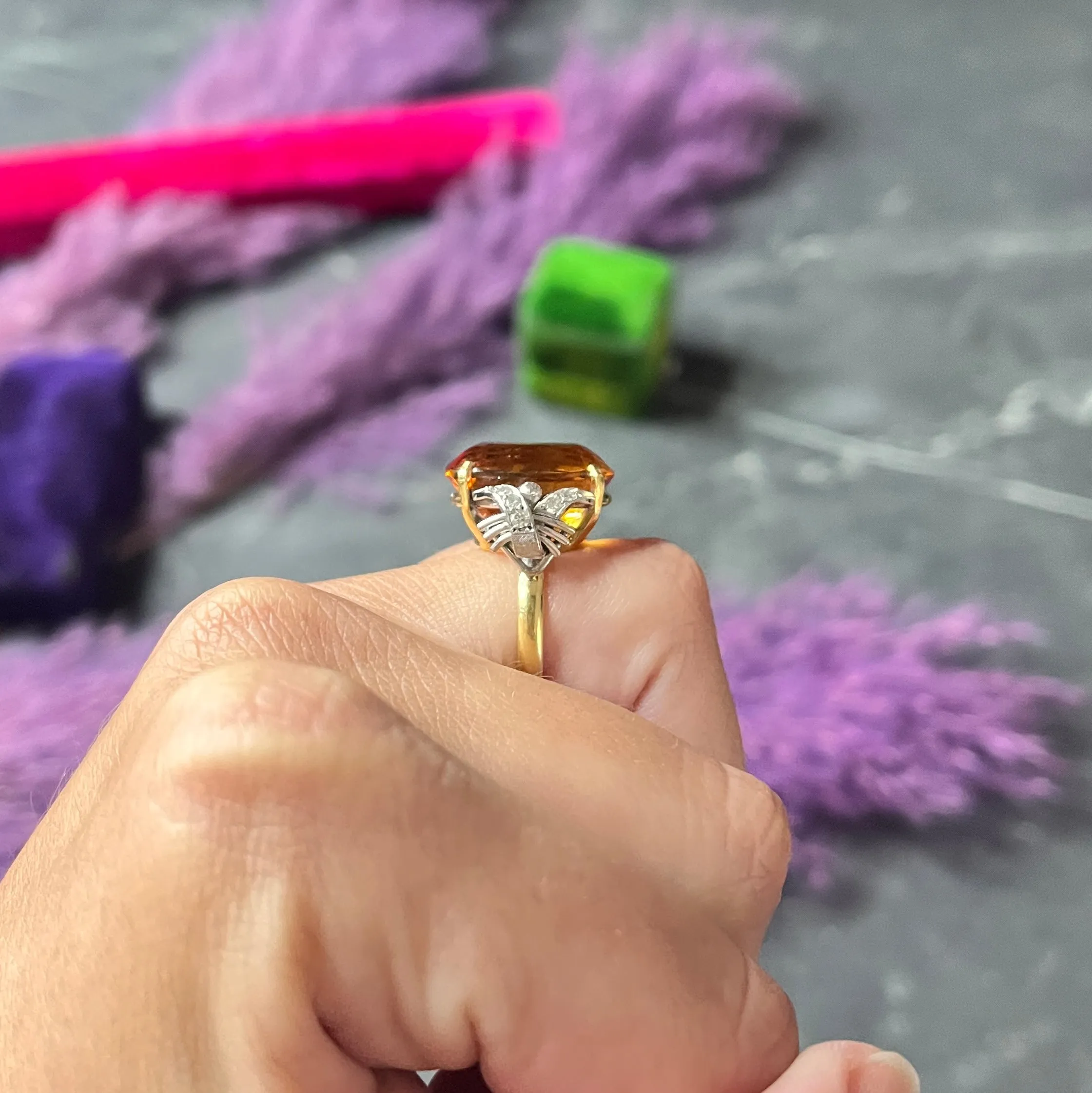 Vintage Citrine Diamond 18 Karat Yellow Gold Platinum Gemstone Ring