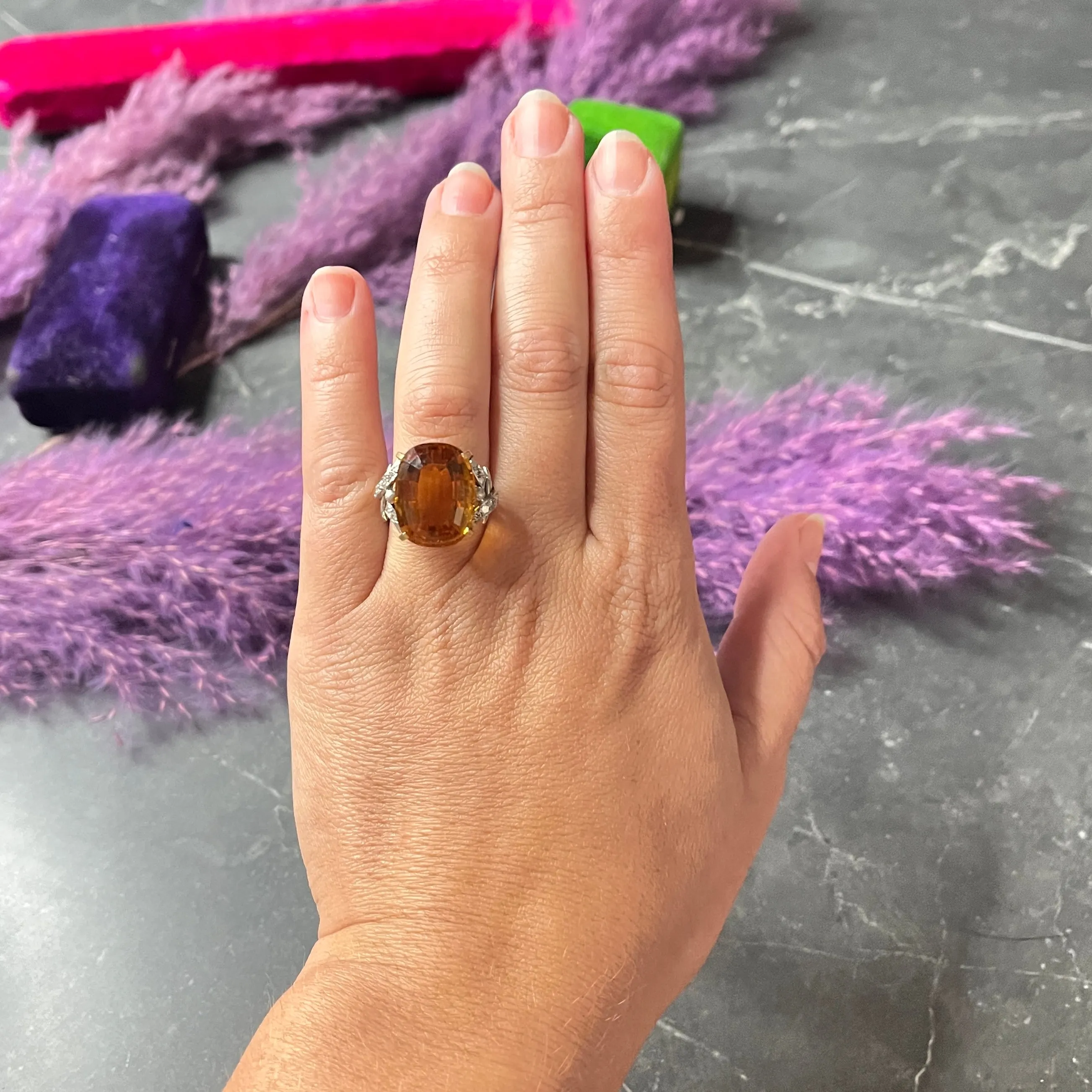 Vintage Citrine Diamond 18 Karat Yellow Gold Platinum Gemstone Ring