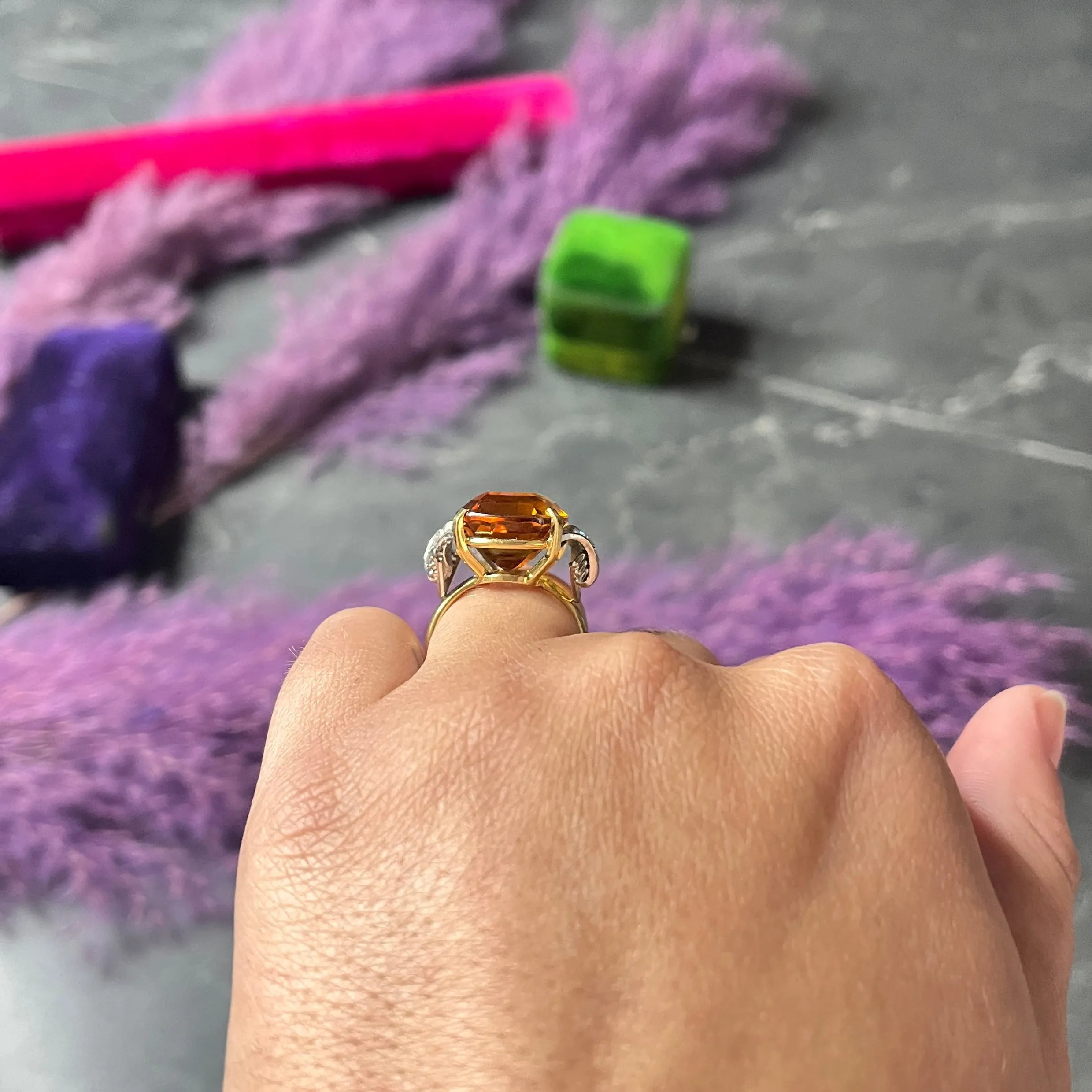 Vintage Citrine Diamond 18 Karat Yellow Gold Platinum Gemstone Ring