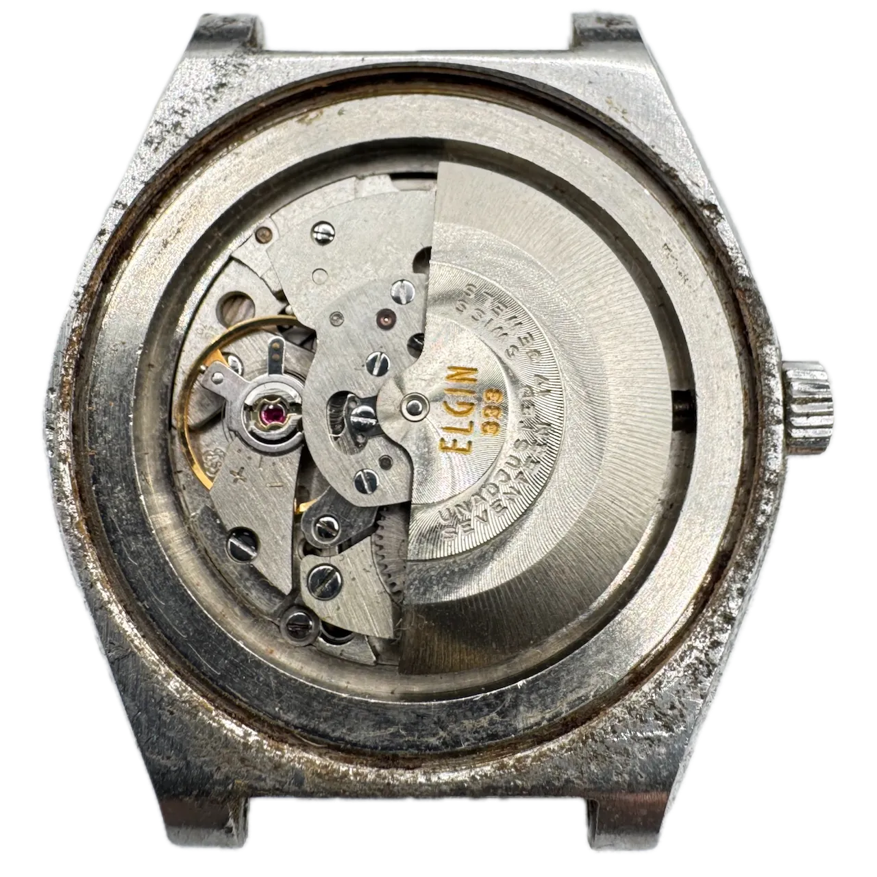 Vintage Elgin Red Sunburst Date Men's Automatic Wristwatch 333 Swiss Steel