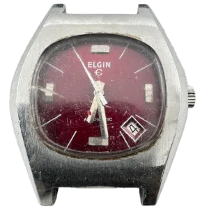 Vintage Elgin Red Sunburst Date Men's Automatic Wristwatch 333 Swiss Steel
