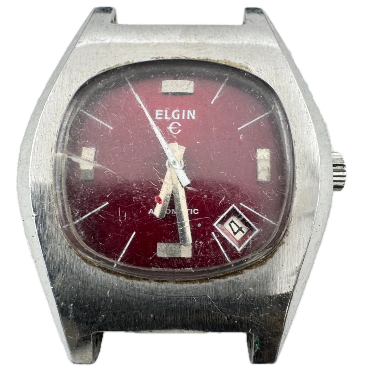 Vintage Elgin Red Sunburst Date Men's Automatic Wristwatch 333 Swiss Steel