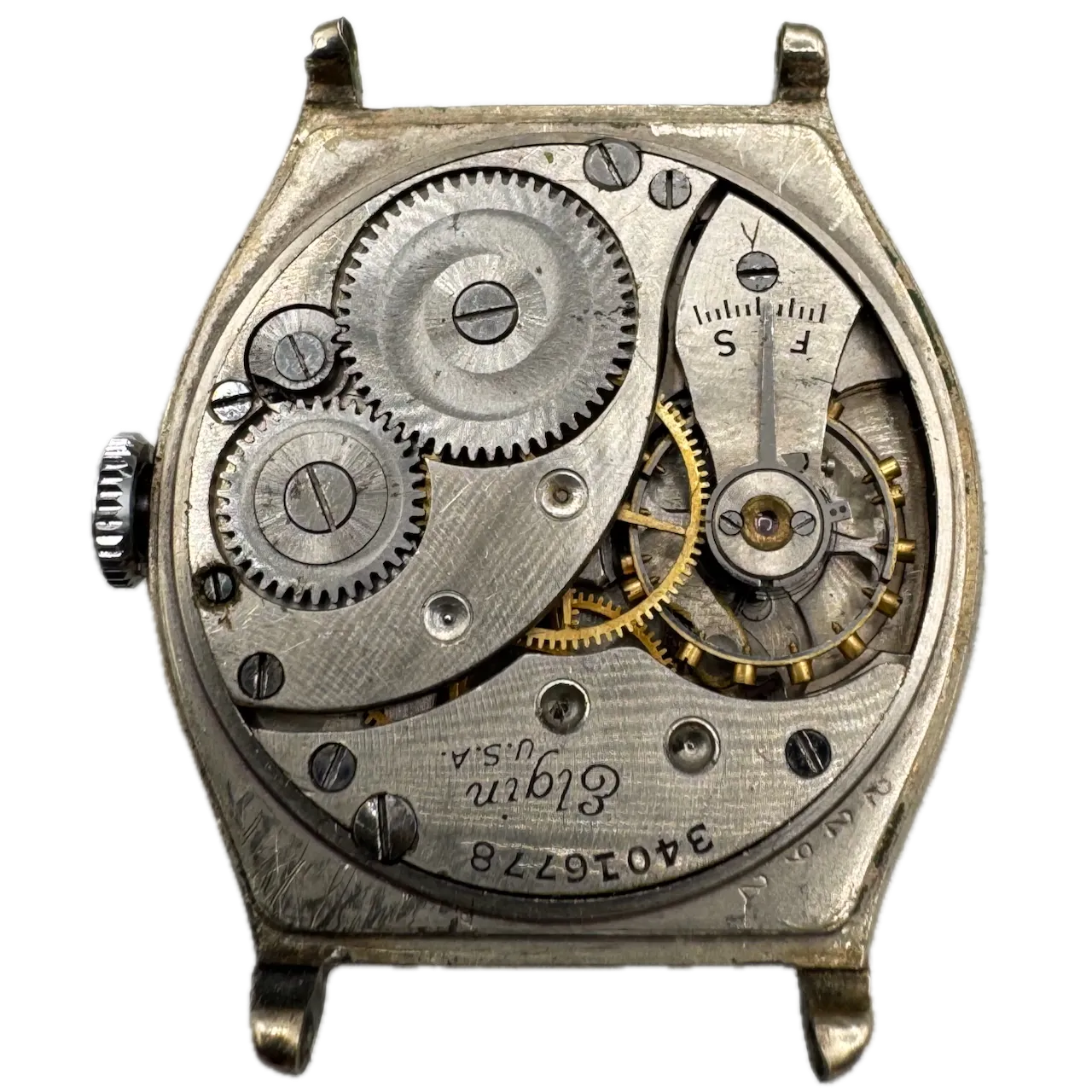 Vintage Elgin Tonneau Deco Men's Mechanical Wristwatch 485 USA 14k White GF