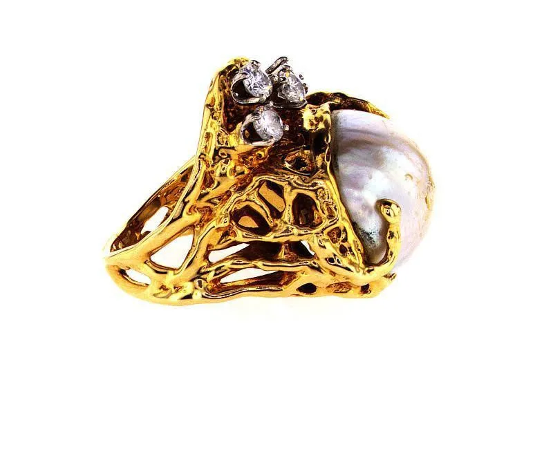 Vintage Estate 14K Gold Genuine Mother Pearl & Round Cut Diamond Ring 1 CTW