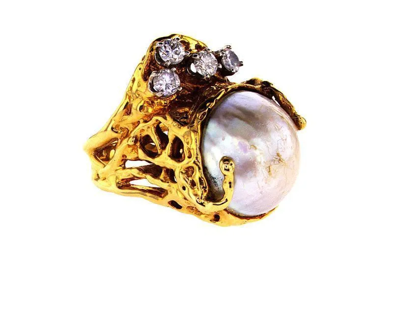 Vintage Estate 14K Gold Genuine Mother Pearl & Round Cut Diamond Ring 1 CTW