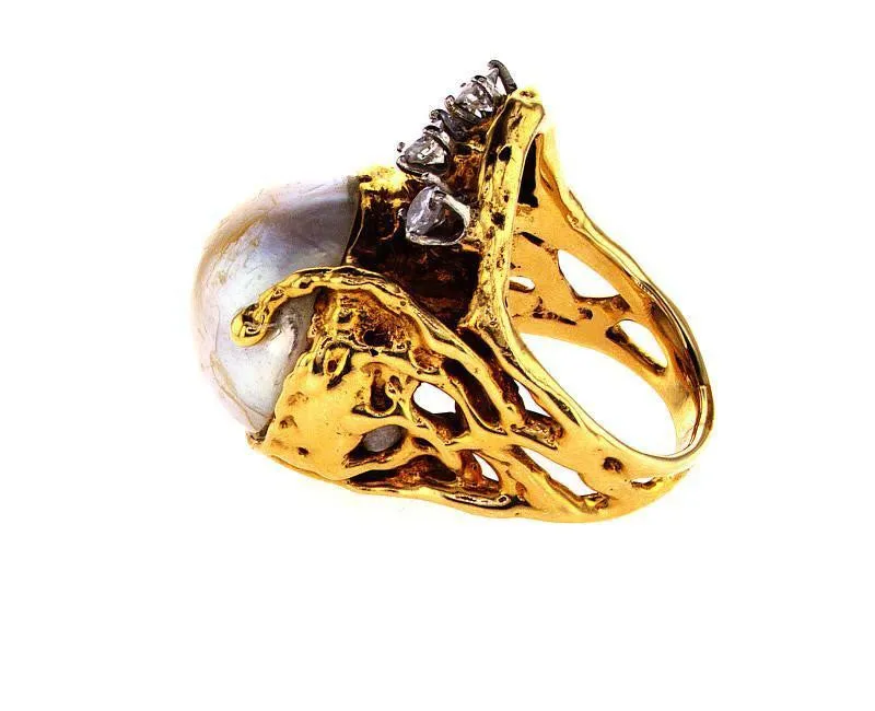 Vintage Estate 14K Gold Genuine Mother Pearl & Round Cut Diamond Ring 1 CTW