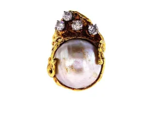 Vintage Estate 14K Gold Genuine Mother Pearl & Round Cut Diamond Ring 1 CTW