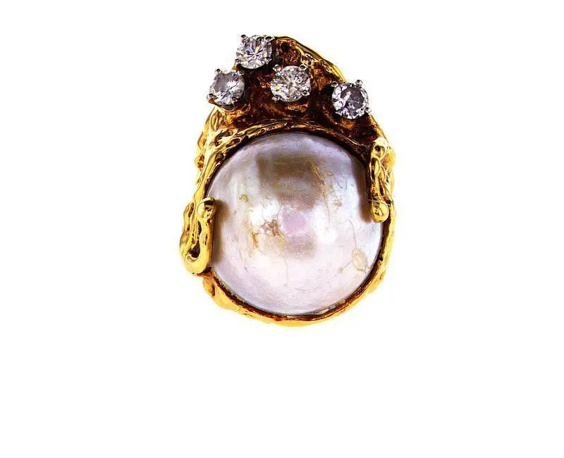 Vintage Estate 14K Gold Genuine Mother Pearl & Round Cut Diamond Ring 1 CTW