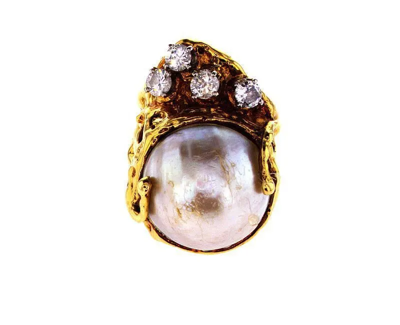 Vintage Estate 14K Gold Genuine Mother Pearl & Round Cut Diamond Ring 1 CTW