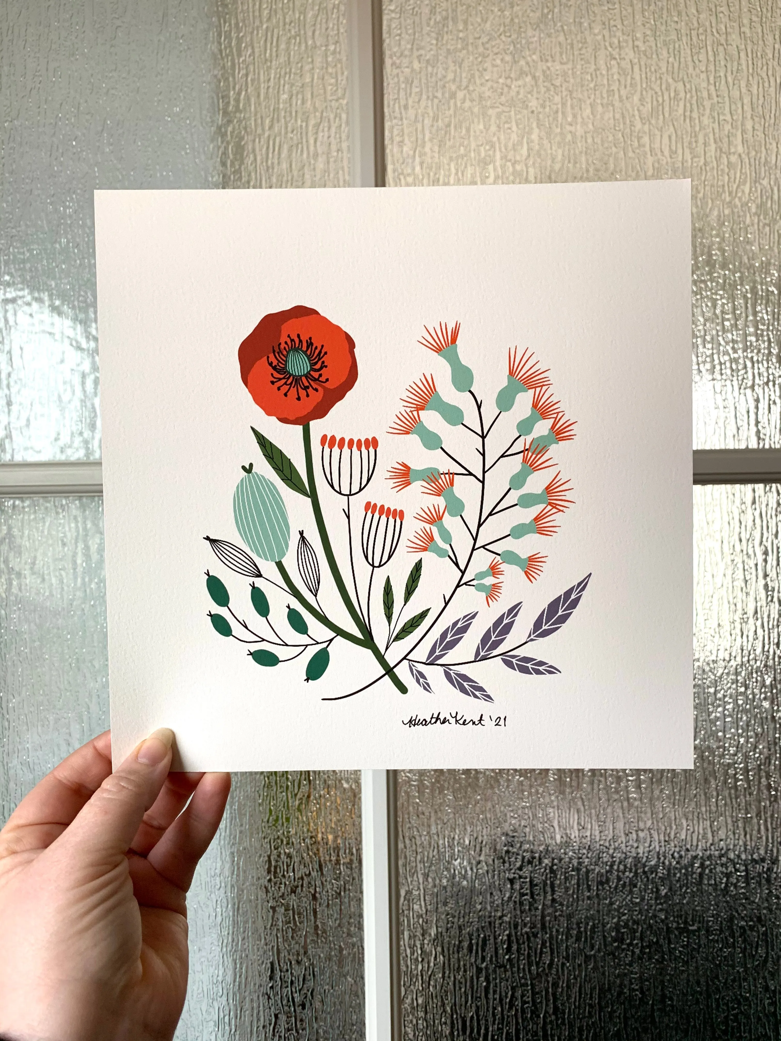 Vintage Florals Poppies Fine Art Print, Botanical Print of Original Digital Drawing, 10x10in