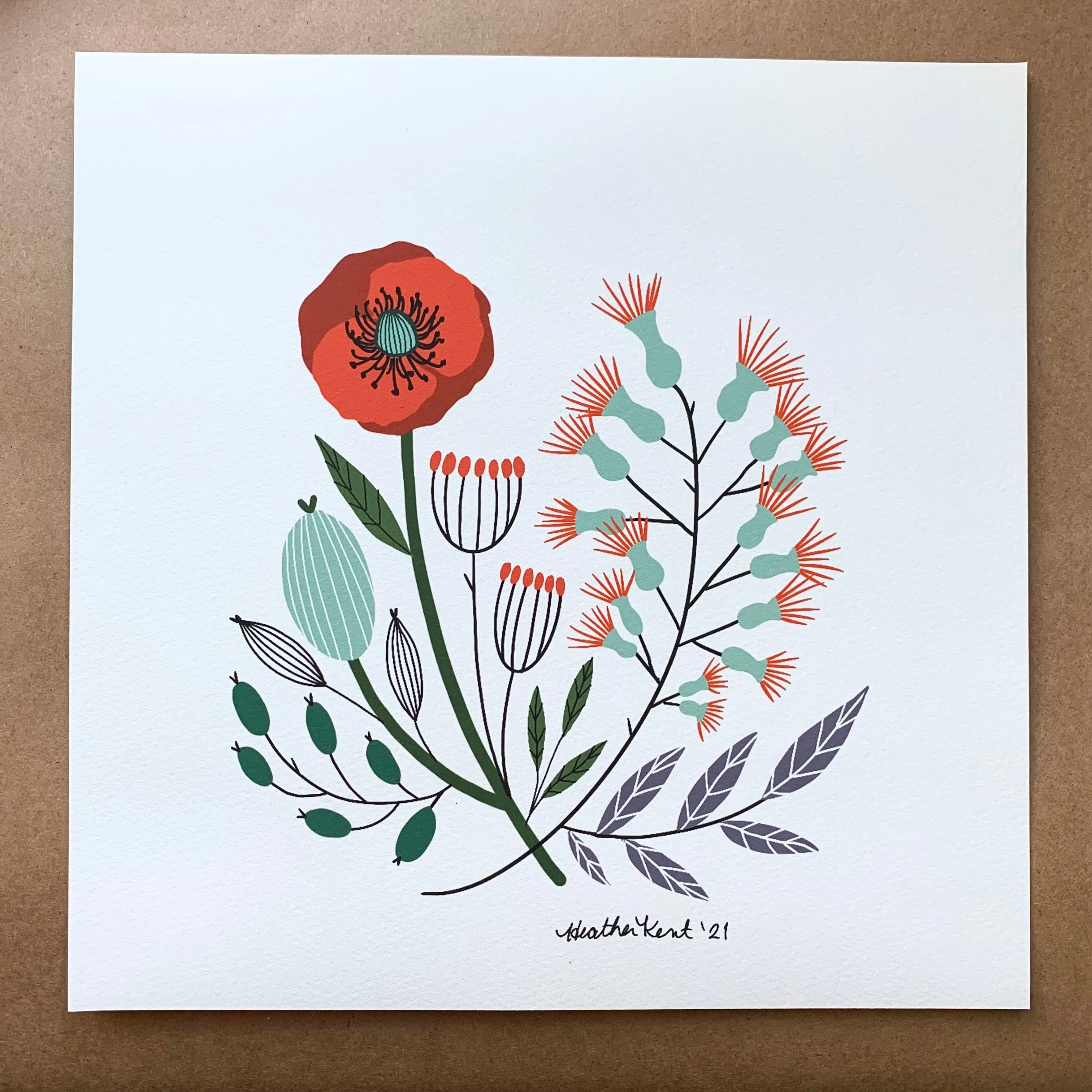 Vintage Florals Poppies Fine Art Print, Botanical Print of Original Digital Drawing, 10x10in