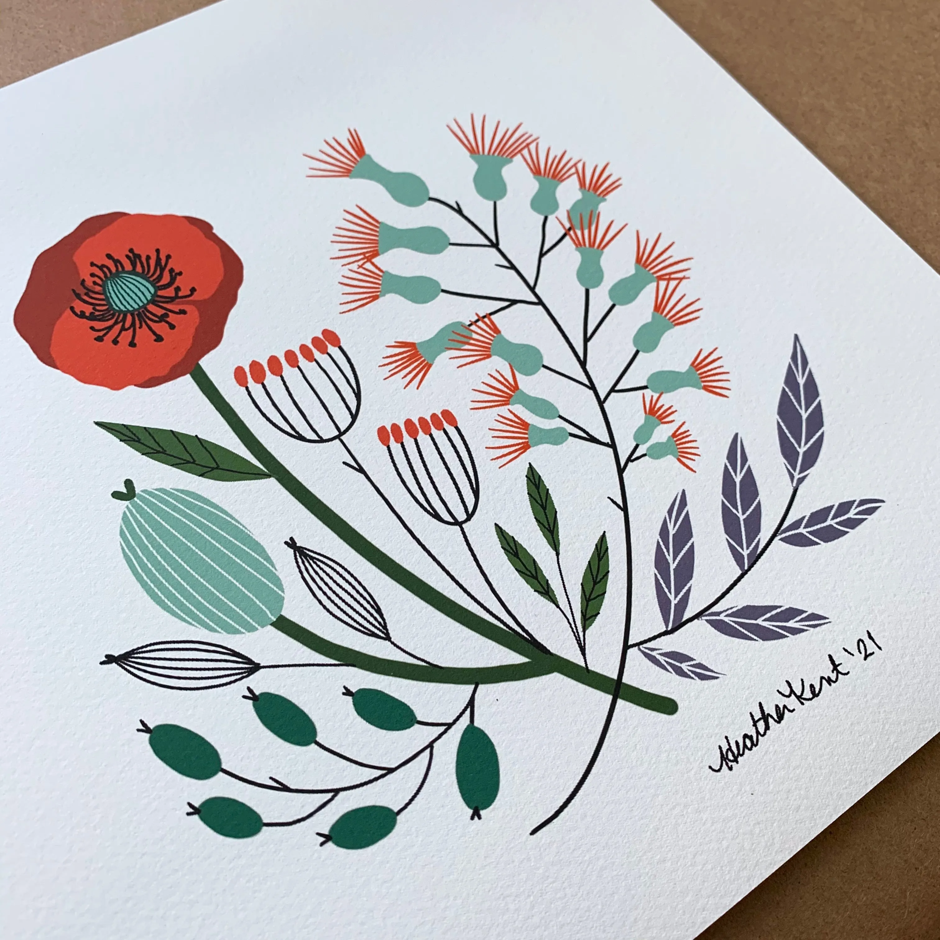 Vintage Florals Poppies Fine Art Print, Botanical Print of Original Digital Drawing, 10x10in