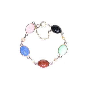 Vintage Gemstone Scarab Bracelet with Agate, Rose Quartz, Carnelian, Jade, and Onyx