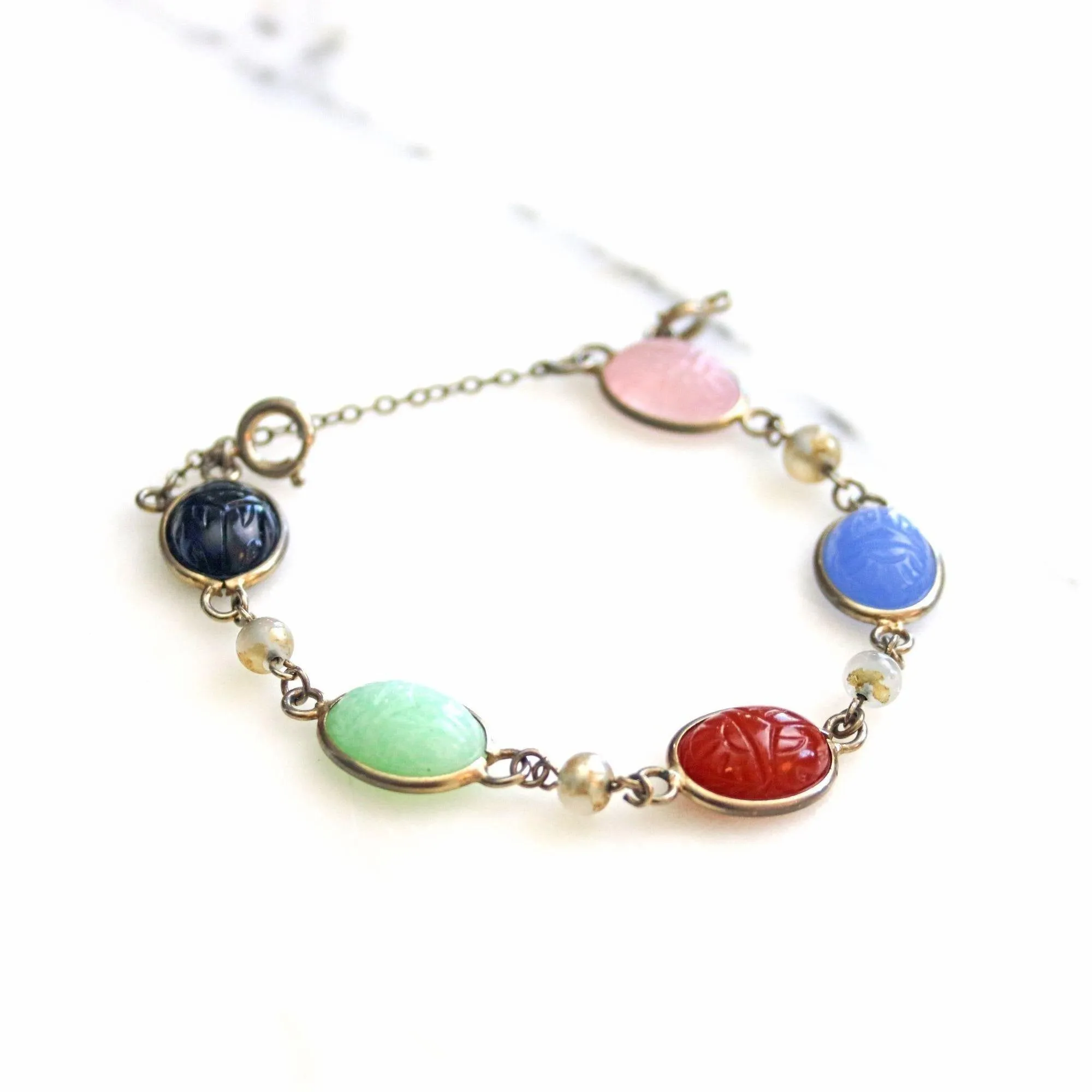 Vintage Gemstone Scarab Bracelet with Agate, Rose Quartz, Carnelian, Jade, and Onyx